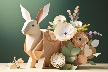 Paper Easter bunny sculpture with flowers created with Generative AI