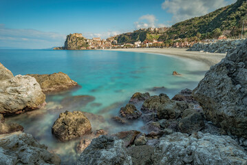 Scilla beach with the town in the background, province of Reggio Calabria IT - obrazy, fototapety, plakaty