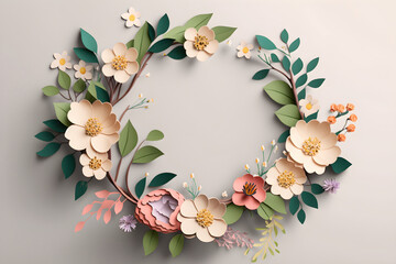 Paper wreath of flowers and leaves created with Generative AI
