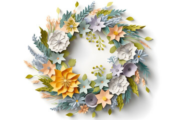 Paper wreath of spring flowers on isolated white background created with Generative AI