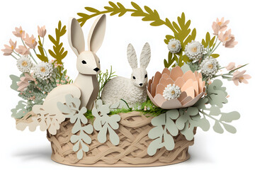Paper Easter bunnies with basket of eggs created with Generative AI