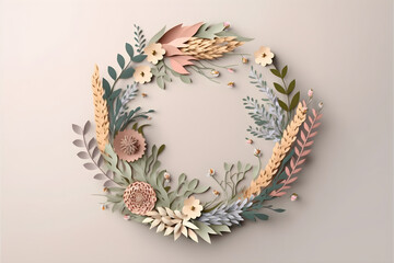 Paper wreath of spring pastel flowers created with Generative AI