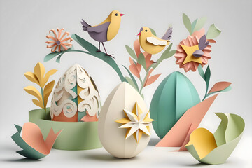 Easter eggs with flowers and birds paper sculpture created with Generative AI