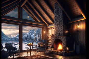 interior shot in winter, luxury cabin in the woods with fireplace and large windows generative ai illustration - obrazy, fototapety, plakaty