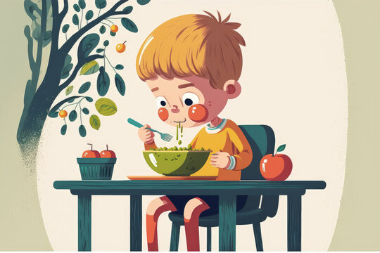 Boy at table eating eco friendly food with a spoon. Child eating breakfast and lunch. Boy eats an apple for dinner, supper, or a snack. Have a dinner, hungry child. Children get meals. Generative AI