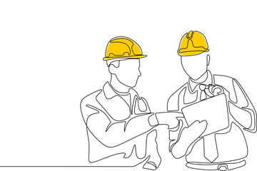 Single continuous line drawing of young construction manager giving instruction to builder coordinator at site meeting. Building architecture business concept. One line draw design vector