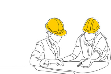 Single continuous line drawing of young construction manager giving instruction to builder coordinator at site meeting. Building architecture business concept. One line draw design vector