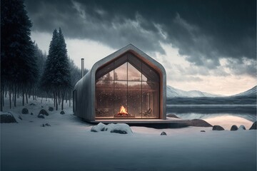 royalty-free modern architecture cabin in winter generative ai