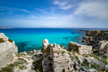 Panoramic view of Cala Rossa bay, Favignana island IT