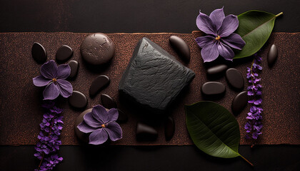 Spa composition with violet flowers and massage black stone on brown background top view