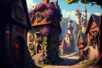 Fairy Tale Town, a small one. Fictional Setting concept painting Illustration that is realistic. Digital CG art from video games. Scenery in Industry. Generative AI
