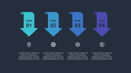 Arrows dark infographic with 4 elements template for web on a black background, business, presentation. Vector