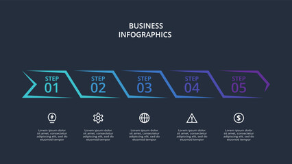 Arrows dark infographic with 5 elements template for web on a black background, business, presentation. Vector