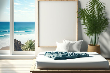 3D illustration mockup blank canvas photo frame on wooden easel in the bedroom with sea view, interior and decoration with comfortable bedding and plant, empty space for graphic desinger, rendering