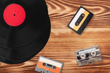 Old retro Vinyl records and cassette tapes