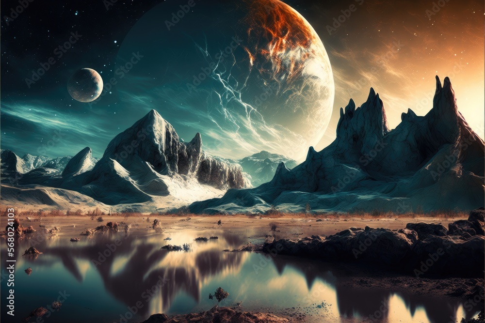 Wall mural alien planet sci-fi outer space encounter wallpaper generative ai illustration with copy space