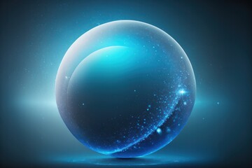 A glowing/shiny crystal ball filled with a universe, sitting in an empty space, medium blue gradient background, vignette, created with generative AI technology
