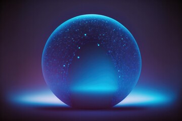 A glowing/shiny crystal ball with a subtle texture made from lines and dots, sitting in an empty space, dark blue/purple gradient background, created with generative AI technology
