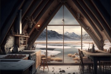 interior shot in winter, luxury cabin in the woods with fireplace and large windows generative ai illustration