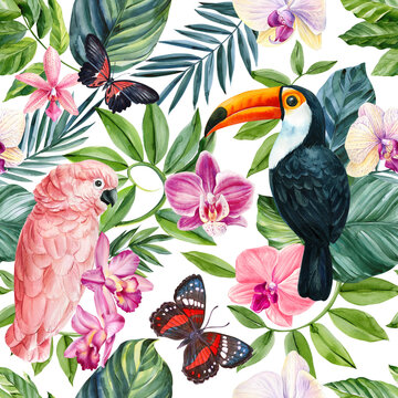 Tropical seamless vintage pattern, palm leaves, orchid flowers and birds. Exotic jungle wallpaper. hand drawn botanical