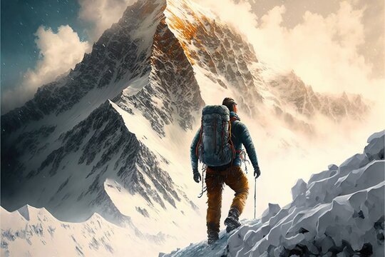 Trekking to top a mountain climber, concept of Rugged Terrain and Endurance, created with Generative AI technology