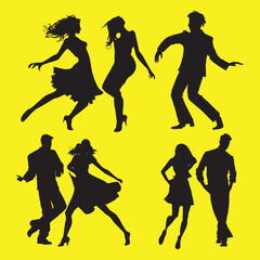 silhouettes of dancing people group vector illustration. Dancing man and woman, couple silhouette set