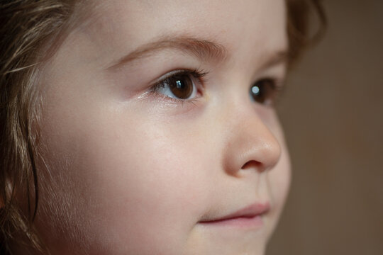 Kids Portrait, Close Up Head Of Cute Child. Macro.