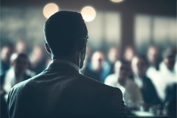 Fototapeta premium man back neck in a conference meeting with unrecognizable people generative ai business and political scene with copy space