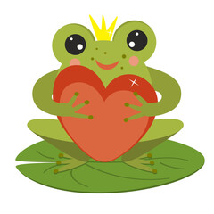 The frog princess with a heart in her hands and a crown sits on a leaf of a water lily