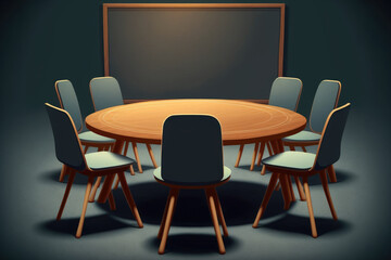 Round wooden table with chairs with blank big blackboard in conference room. Generative AI