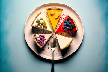 delicious cheesecake with strawberries and blueberry on a plate with bright colors,shot from above