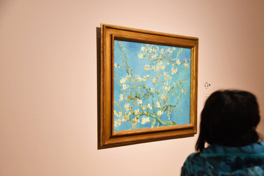 Amsterdam, Netherlands. January 2023. Visitors admire paintings by Vincent van Gogh in Amsterdam.