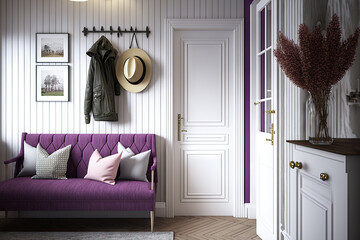 Scandinavian hallway and living room in white and purple tones. Wooden bench, sofa and coat rack. Wallpaper and entrance door, farmhouse interior design, 3d illustration. Generative AI