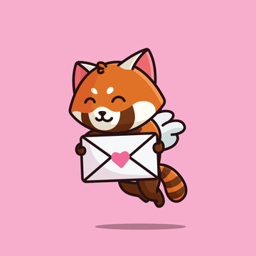 Cute cupid red panda holding love letter cartoon vector illustration animal love isolated
