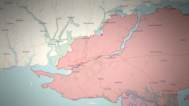 Map hostilities in Ukraine near city of Kherson, Kherson region. Counteroffensive of Ukrainian army. Aggressive war Russia against Ukraine. Liberation occupied territories. Ukarina's military victory.