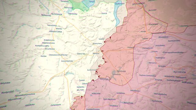 Map of hostilities in Ukraine near the city of Bakhmut, Donetsk region. The offensive of the Russian army. The aggressive war of Russia against Ukraine. Map of occupation territories by Russian troops