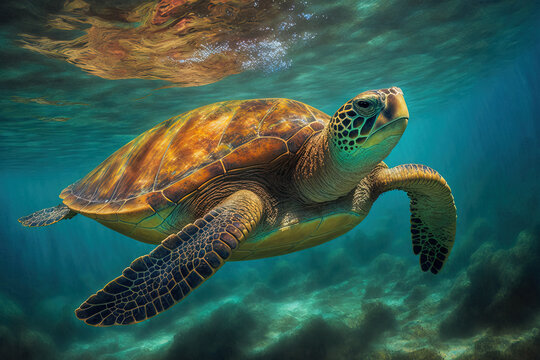 Hawaii's endangered Hawaiian Green Sea Turtle cruising in the warm Pacific Ocean. Generative AI