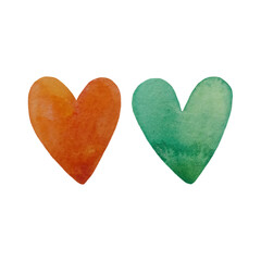 Obraz premium Watercolor set of colored hearts. Abstract watercolor green,purple, orange, red heart background. Concept love, valentine day greeting card,design elements.