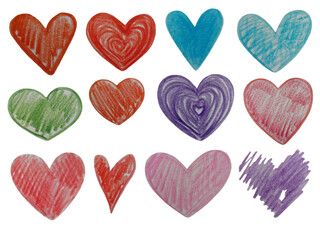 Watercolor pencil set of colored hearts. Abstract watercolor green,purple, orange, red, pink heart background. Concept love, valentine day greeting card, design elements.
