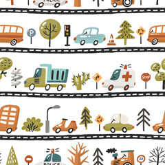 Fototapeta premium Cartoon cars and city road map. Cute childish vector seamless pattern. Urban transportation with road signs. Kid backdrop for textile, fabric, paper, games, play mat