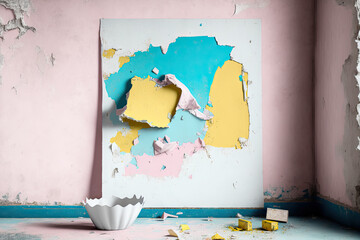 Real mockup of an empty wall and floor with debris in a destroyed room without repair. Old scratched surface with pieces of pink wallpaper, layers of yellow and blue paint, and spots of white putty