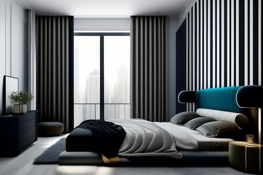 interior design of a minimalist bedroom, Art Deco&ndash;inspired, striped bed frame offers a dynamic feel without deviate from the gray scale.