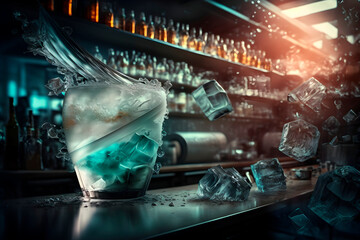 Blue Alcoholic drink with ice, cocktail, splash, vodka, liquor, cognac, gin, bar. Flying ice. Bar blue cocktail. Generative AI
