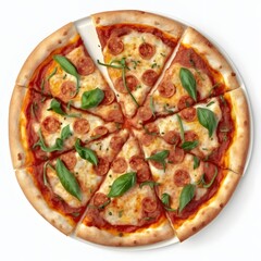 top view pizza with mushroom, tomatoes, and pepperoni isolated on white background. with focus stacking