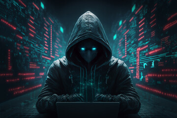 Cyber-security hacker with a hoodie hiding face -computer technology background wallpaper created with a Generative AI technology	