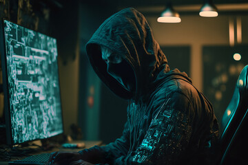 Cyber-security hacker with a hoodie hiding face -computer technology background wallpaper created with a Generative AI technology	