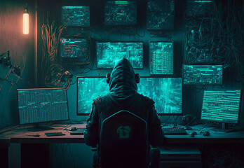 Cyber-security hacker with a hoodie hiding face -computer technology background wallpaper created with a Generative AI technology	