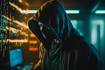 Cyber-security hacker with a hoodie hiding face -computer technology background wallpaper created with a Generative AI technology	
