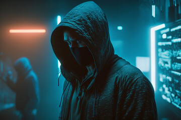 Cyber-security hacker with a hoodie hiding face -computer technology background wallpaper created with a Generative AI technology	