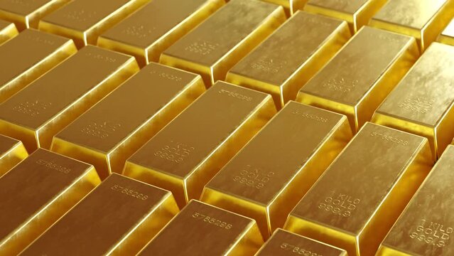 3D animation loop of many gold bars arranged in rows